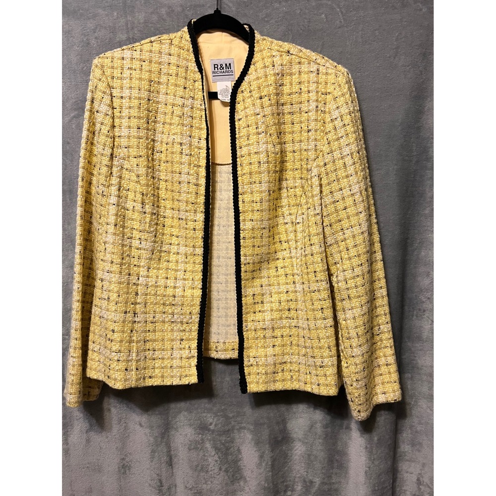 Vintage Yellow Boucle Tweed Blazer 16 Black Trim Chanel Style USA Career Jacket